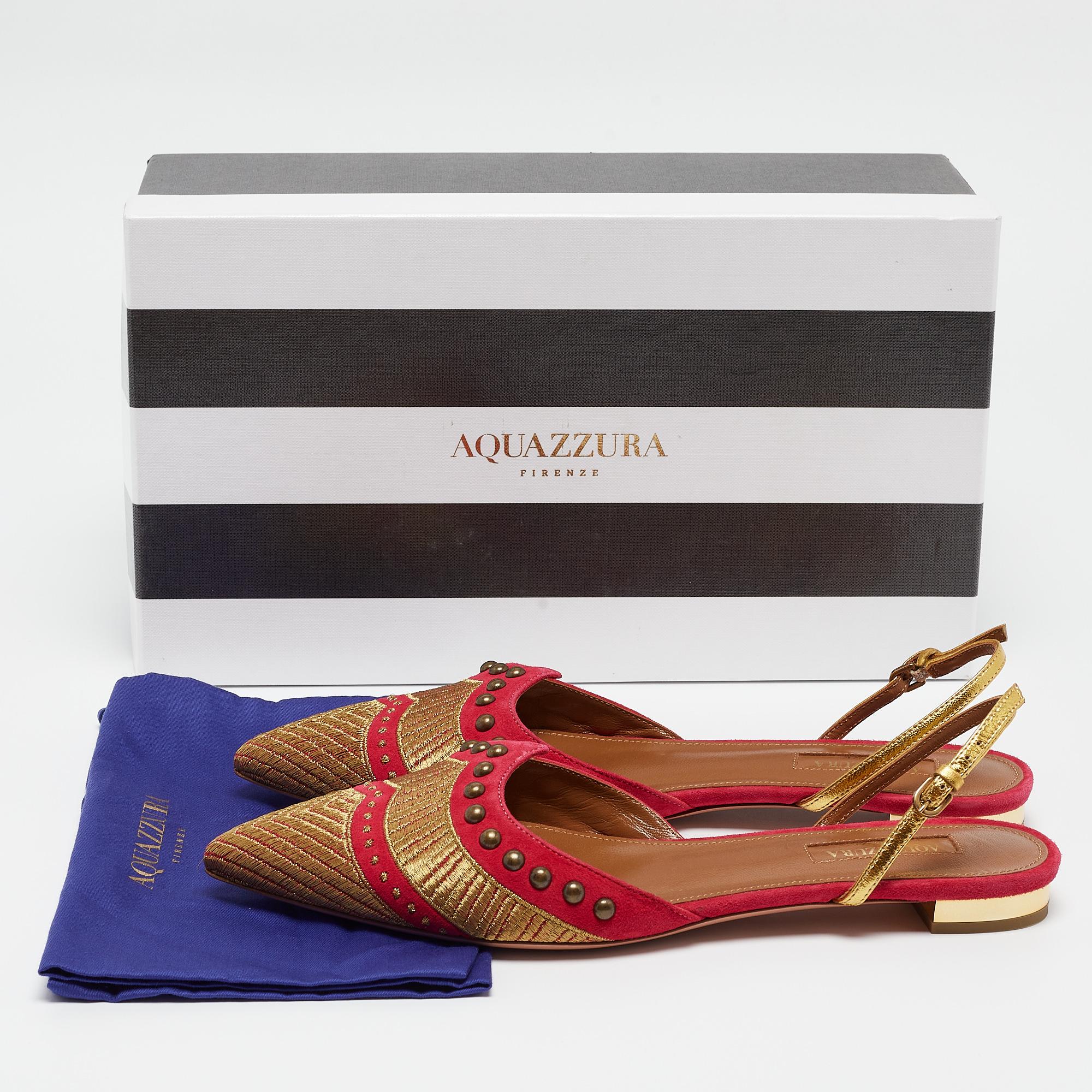 Aquazzura Pink/Gold Suede and Leather Marrakech Slingback Flats Size 38 For Sale 4