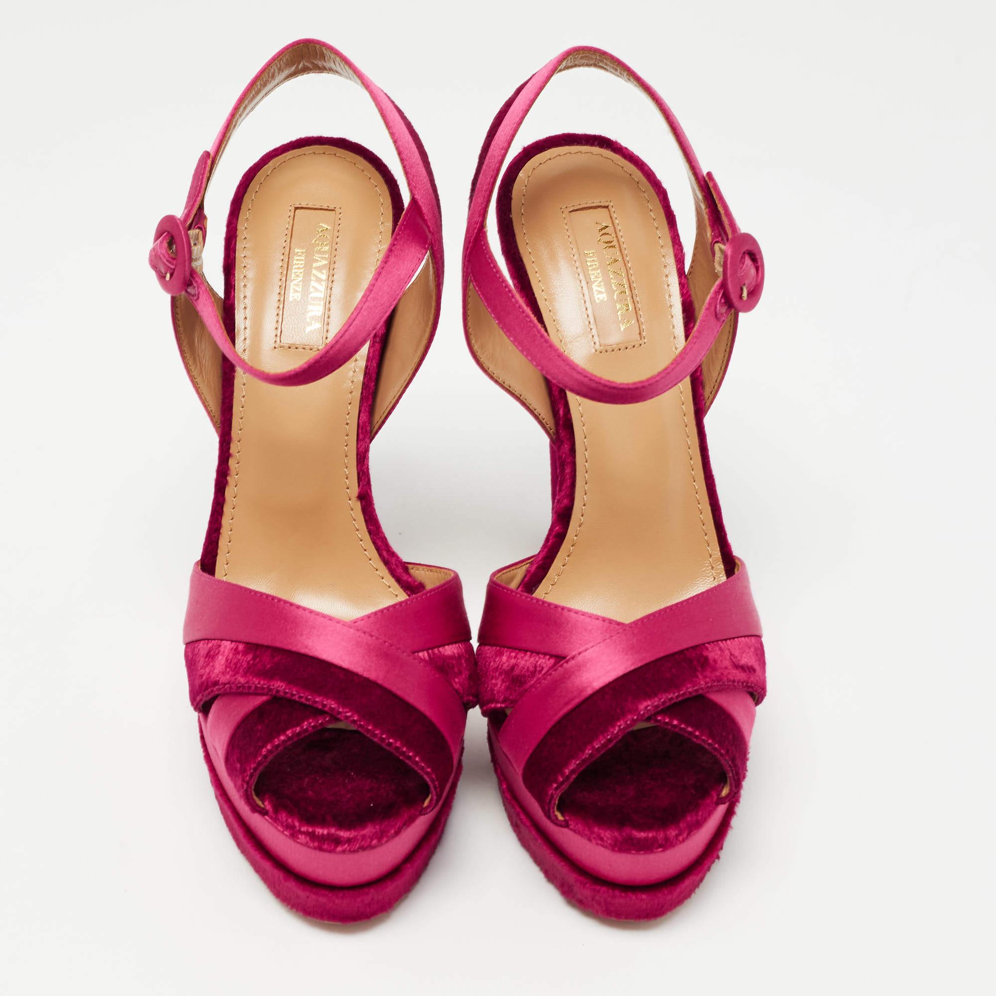 Aquazzura Pink Satin and Velvet Coquette Platform Sandals Size 38 In New Condition In Dubai, Al Qouz 2