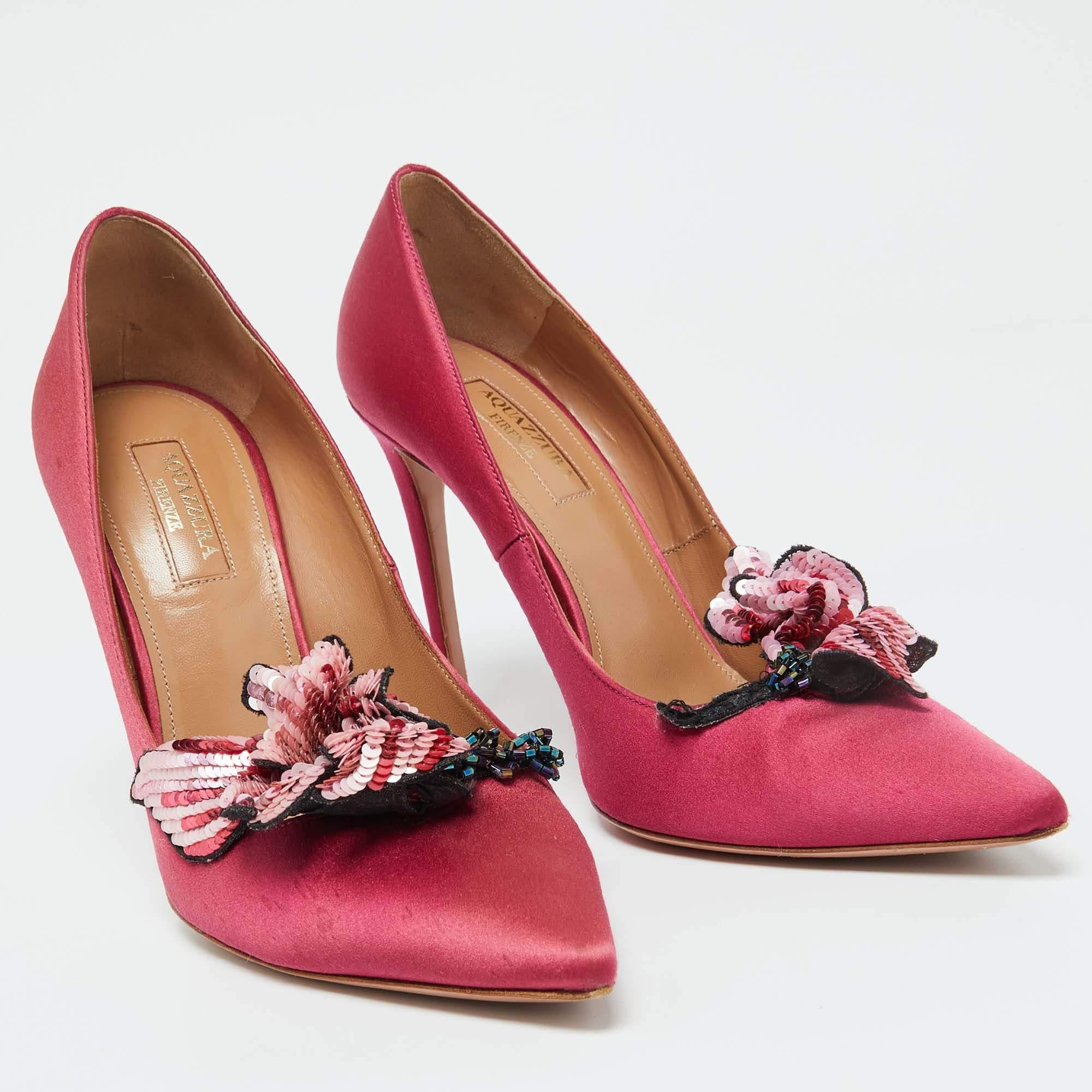 Women's Aquazzura Pink Satin Sequin Embellished Pointed Toe Pumps Size 37.5 For Sale