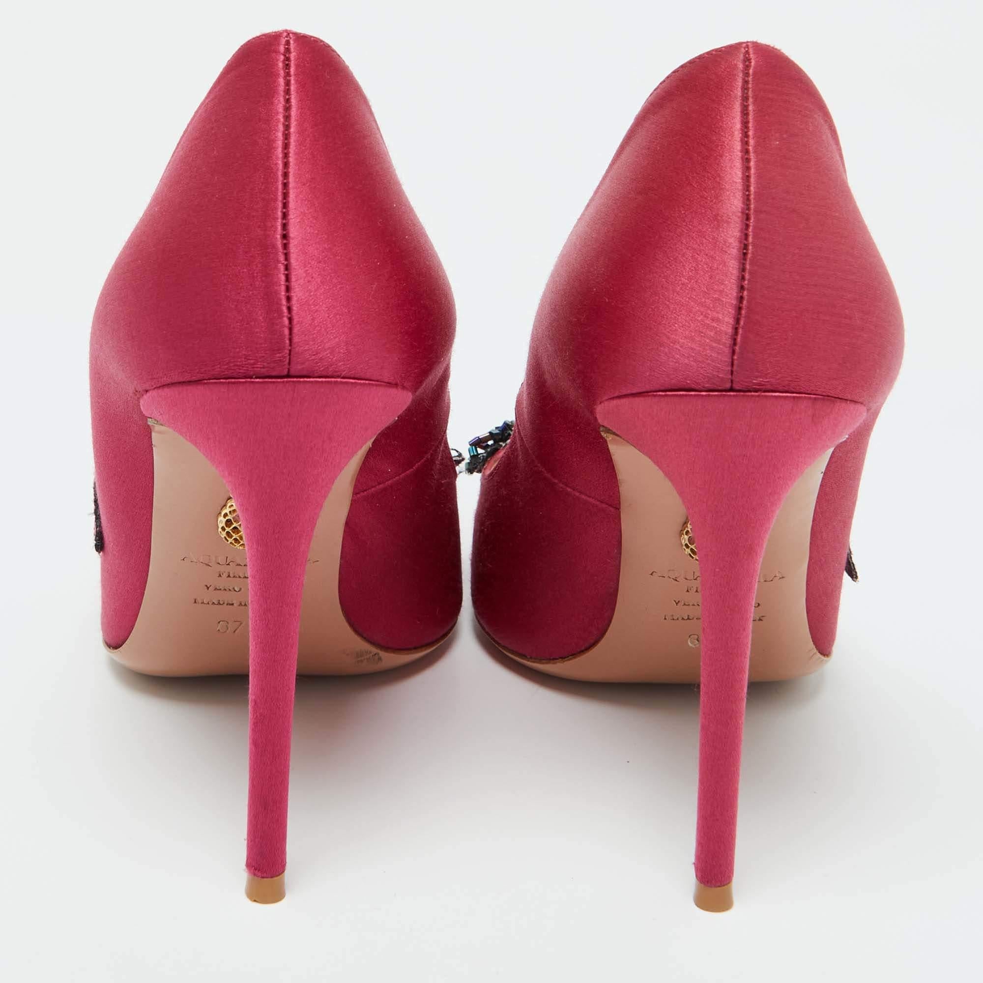 Aquazzura Pink Satin Sequin Embellished Pointed Toe Pumps Size 37.5 For Sale 1