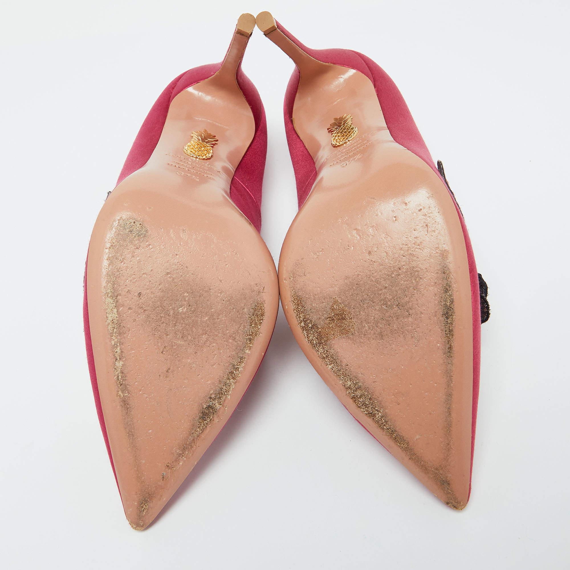 Aquazzura Pink Satin Sequin Embellished Pointed Toe Pumps Size 37.5 For Sale 2