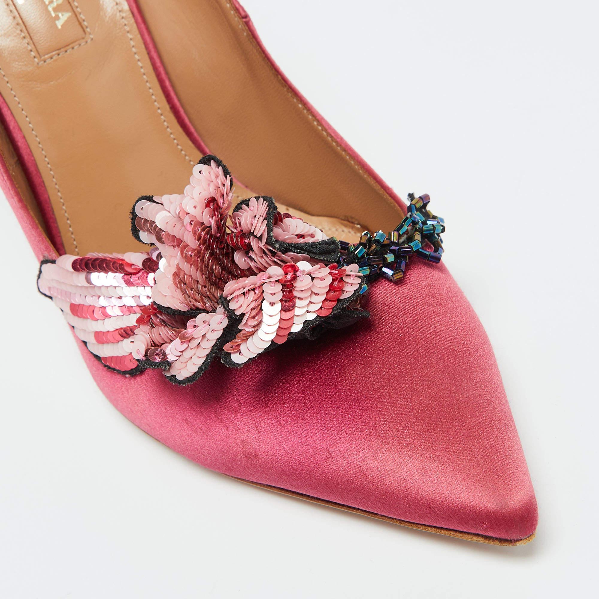 Aquazzura Pink Satin Sequin Embellished Pointed Toe Pumps Size 37.5 For Sale 3