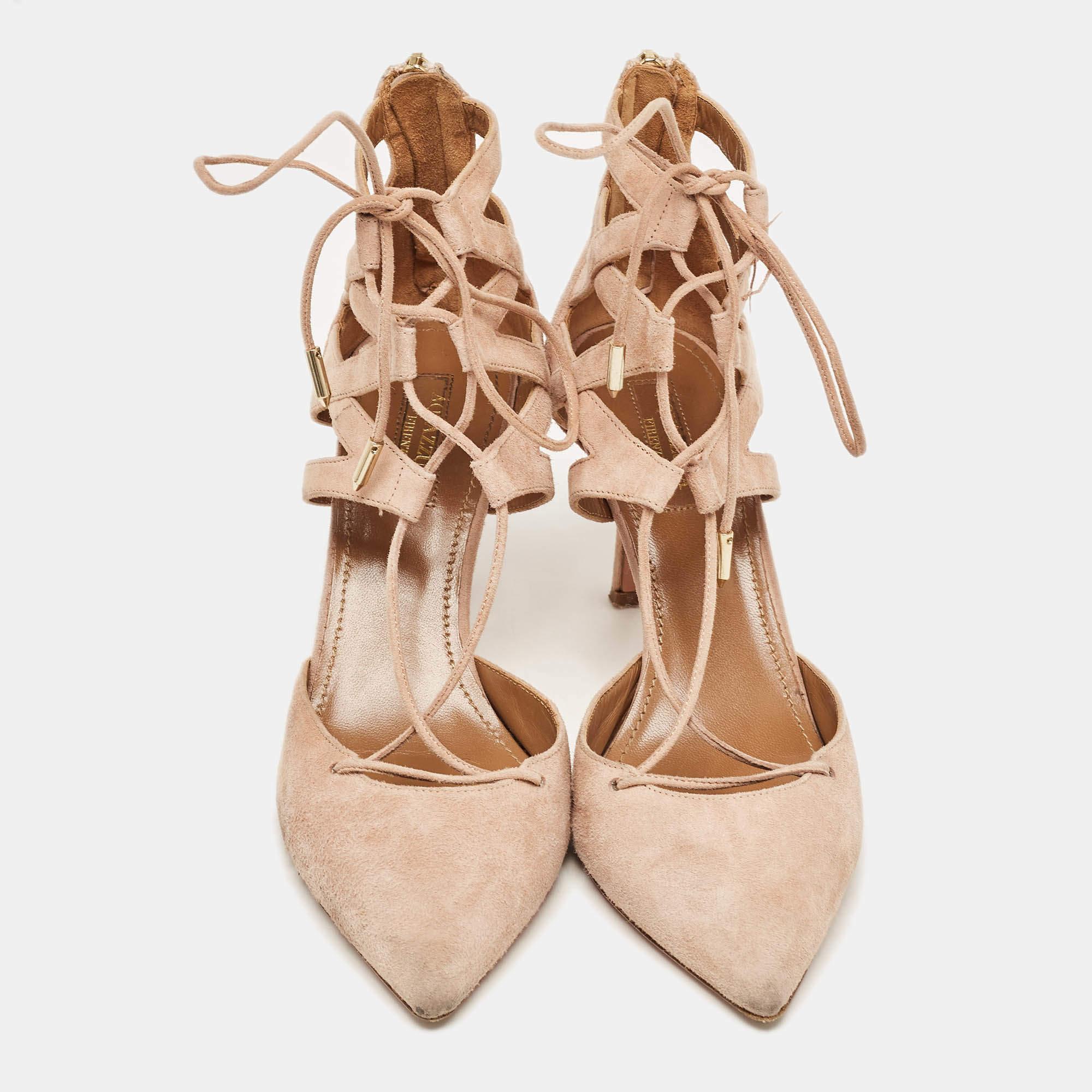 Beige Aquazzura Pink Suede Belgravia Lace Up Pointed Toe Pumps Size 37.5 in vendita