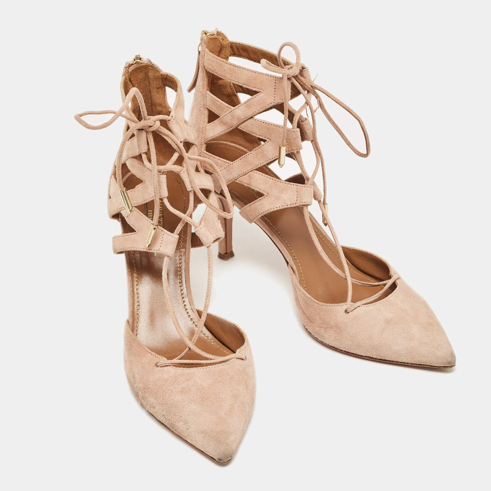 Aquazzura Pink Suede Belgravia Lace Up Pointed Toe Pumps Size 37.5 In condizioni buone in vendita a Dubai, Al Qouz 2