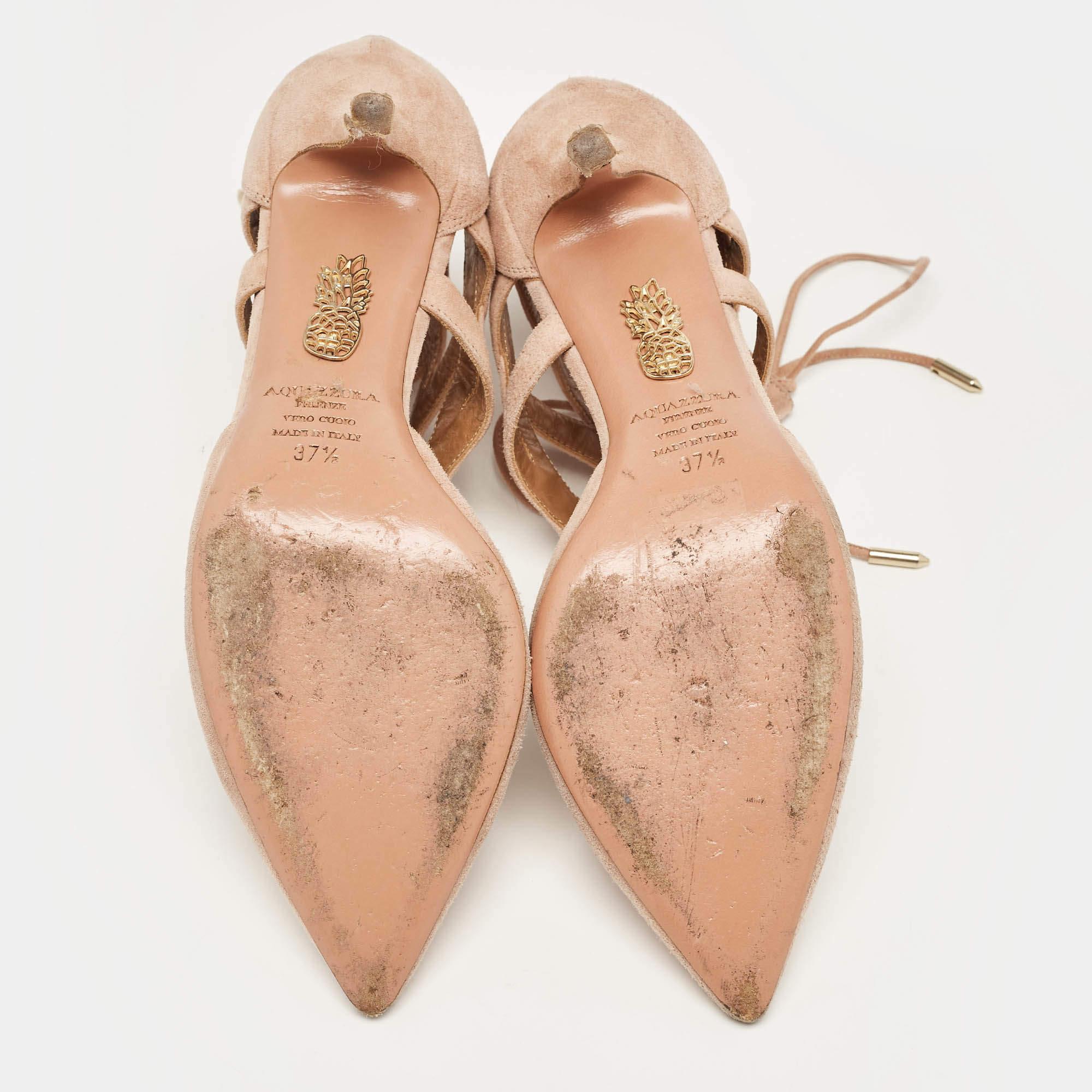 Aquazzura Pink Suede Belgravia Lace Up Pointed Toe Pumps Size 37.5 in vendita 1