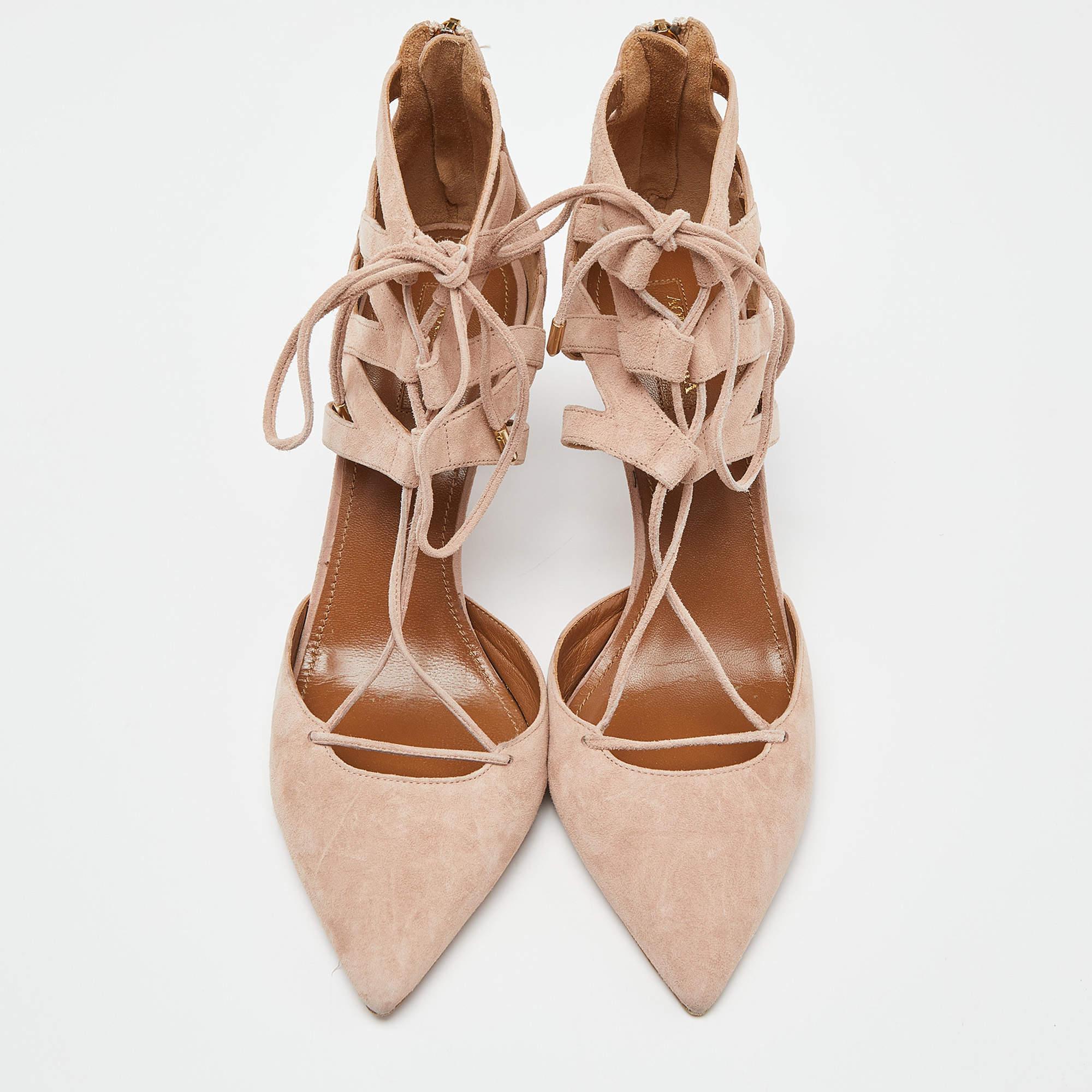 Beige Aquazzura Pink Suede Belgravia Lace Up Pointed Toe Pumps Size 41 For Sale