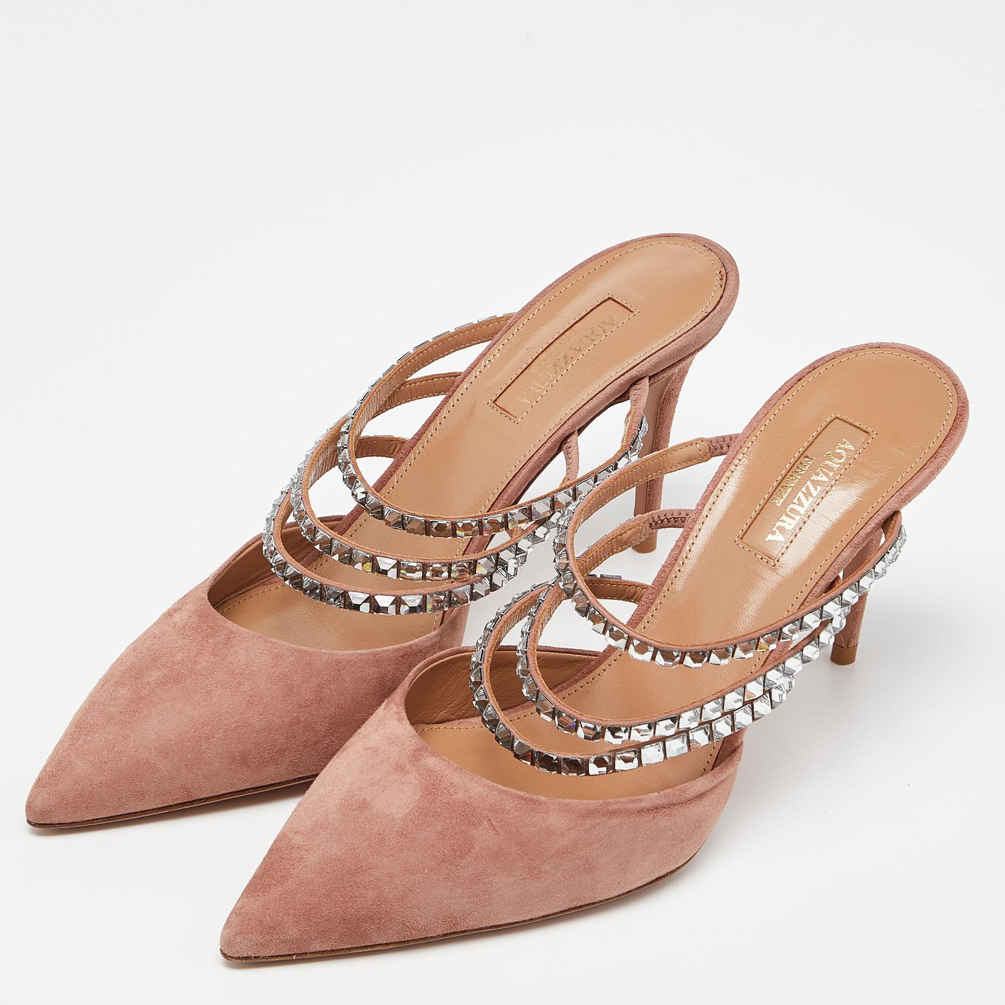 Brown Aquazzura Pink Suede Crystal Embellished Donata Mules Size 38