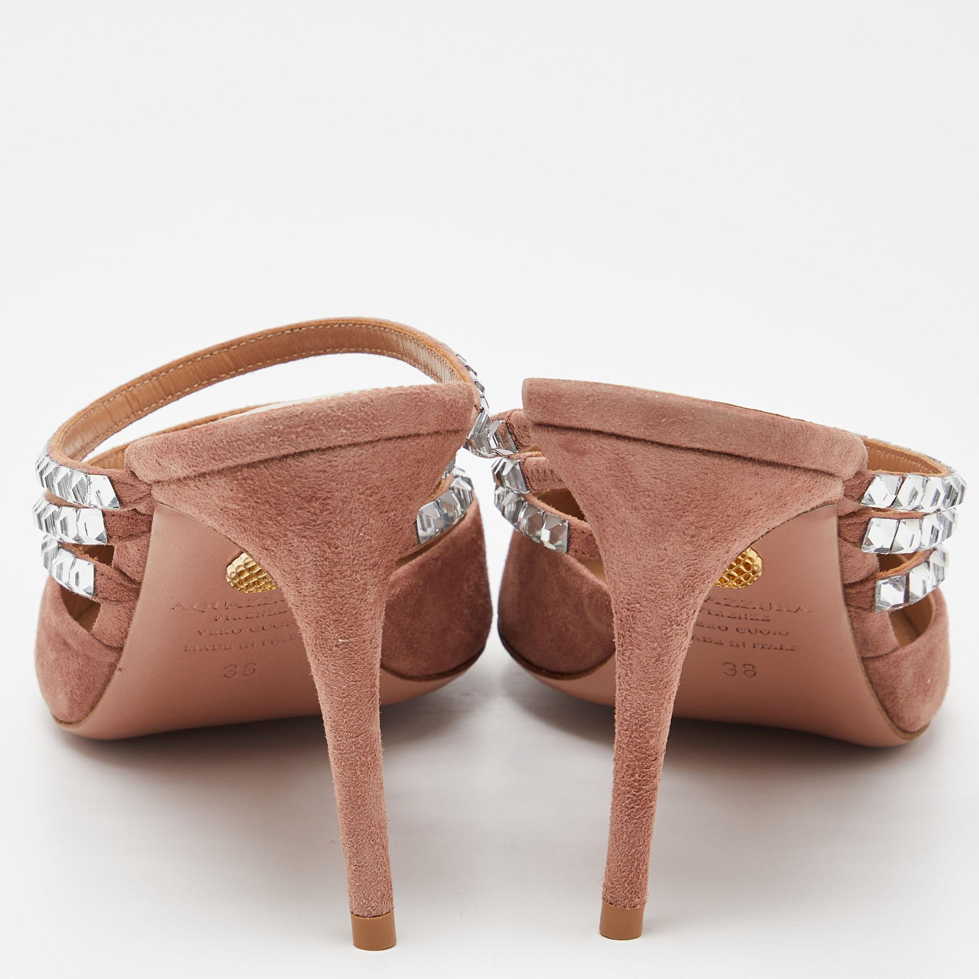 Aquazzura Pink Suede Crystal Embellished Donata Mules Size 38 4