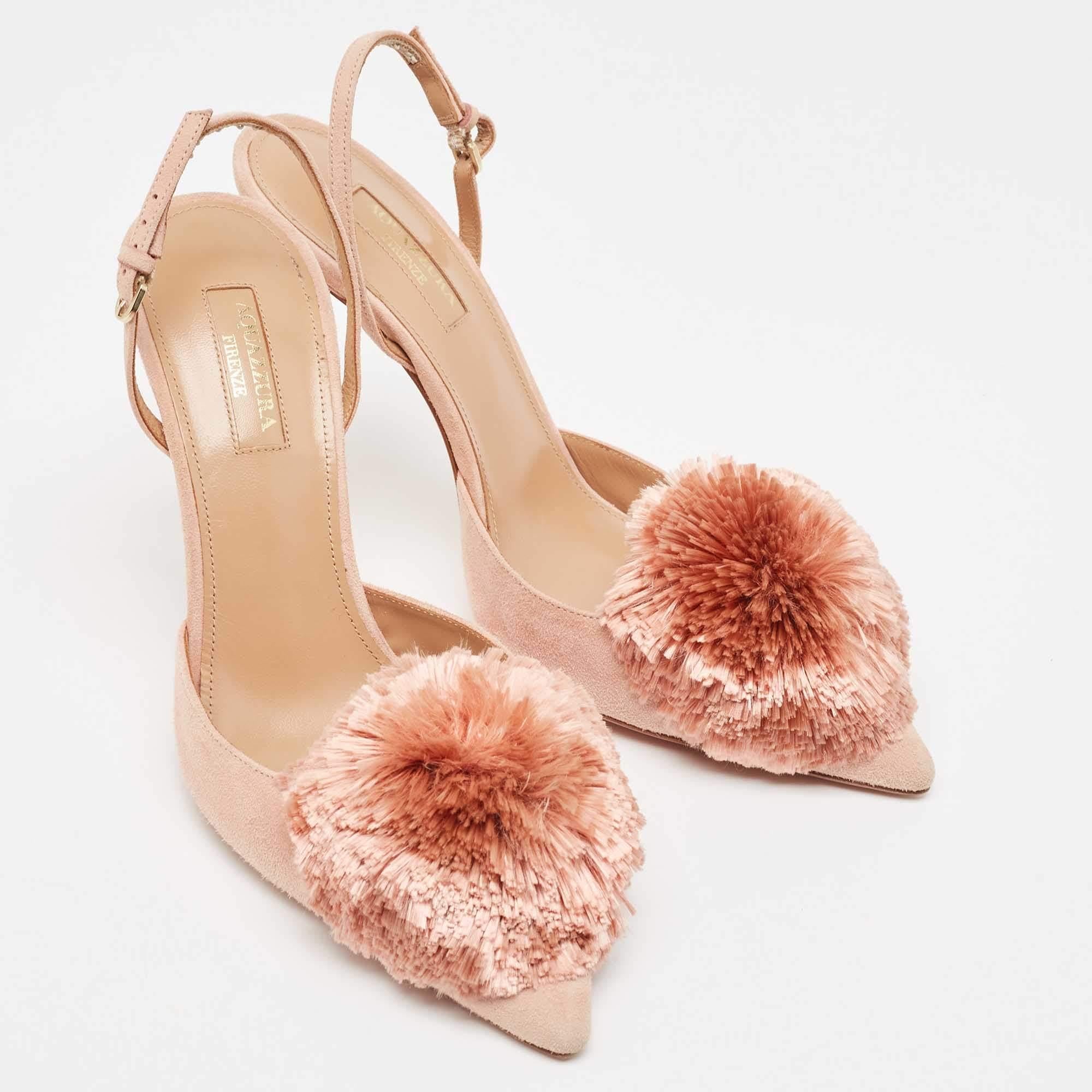 Beige Aquazzura Pink Suede Powder Puff Slingback Pumps Size 39 For Sale