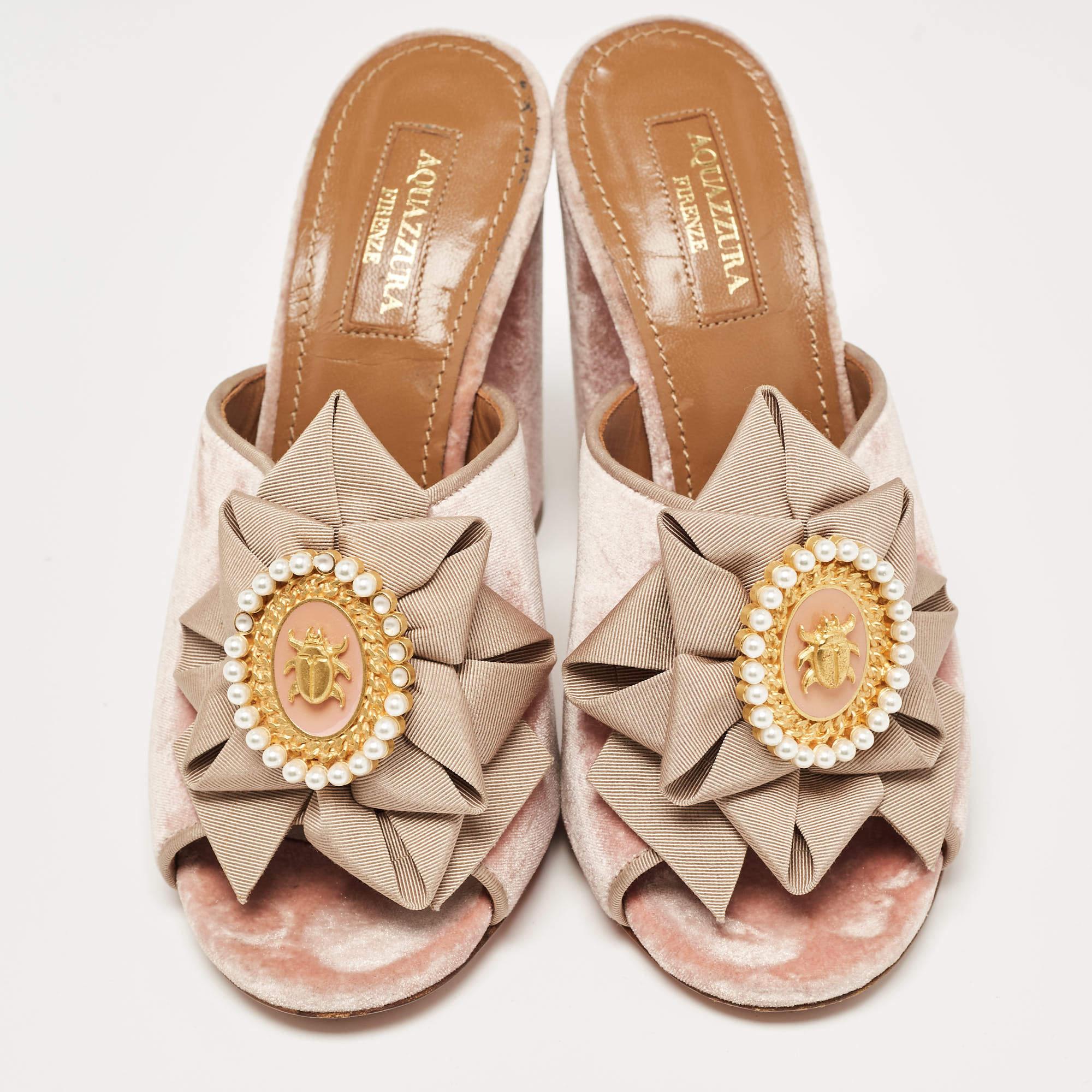 Beige Aquazzura Pink Velvet and Fabric Embellished Slide Sandals Size 36 For Sale