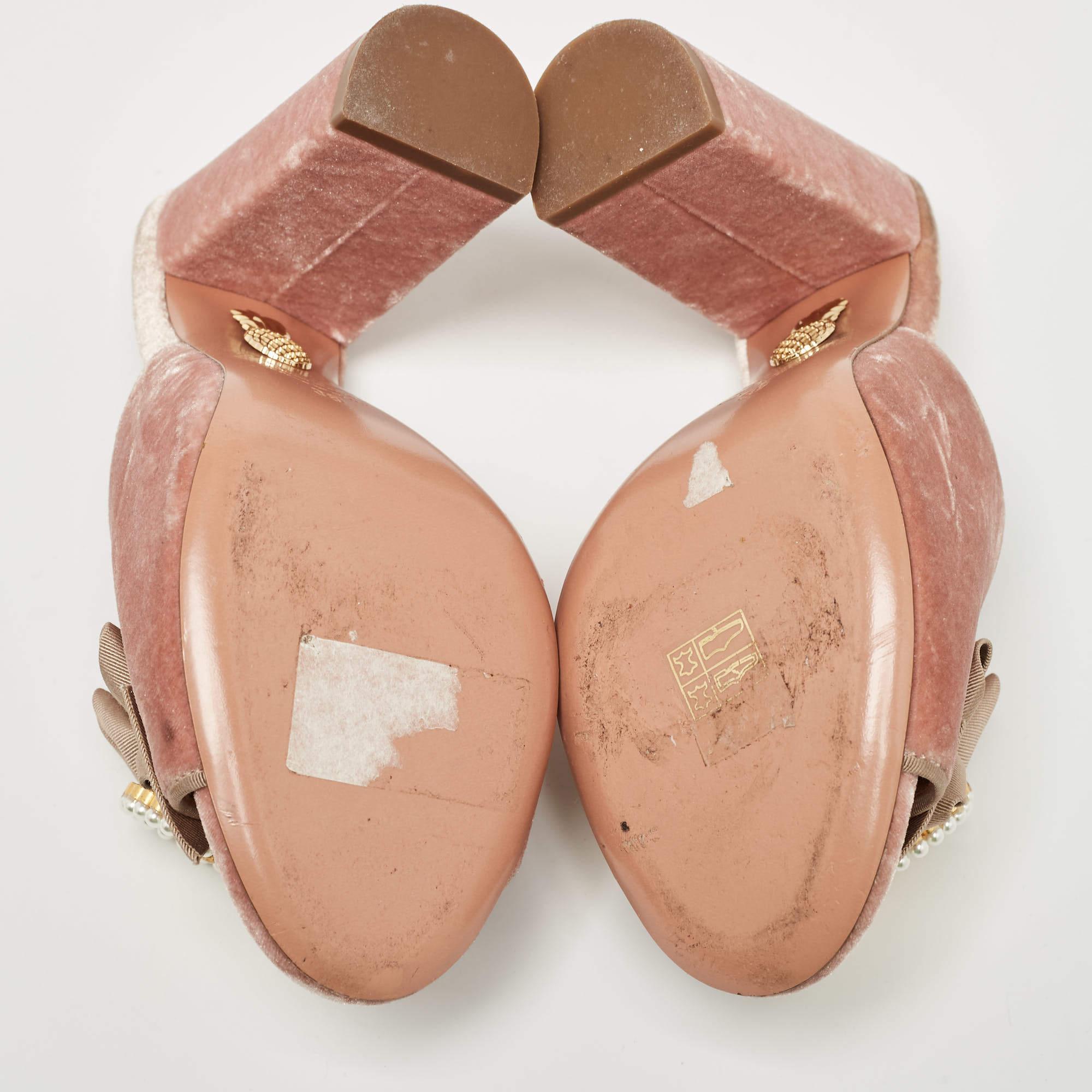 Aquazzura Pink Velvet and Fabric Embellished Slide Sandals Size 36 For Sale 1