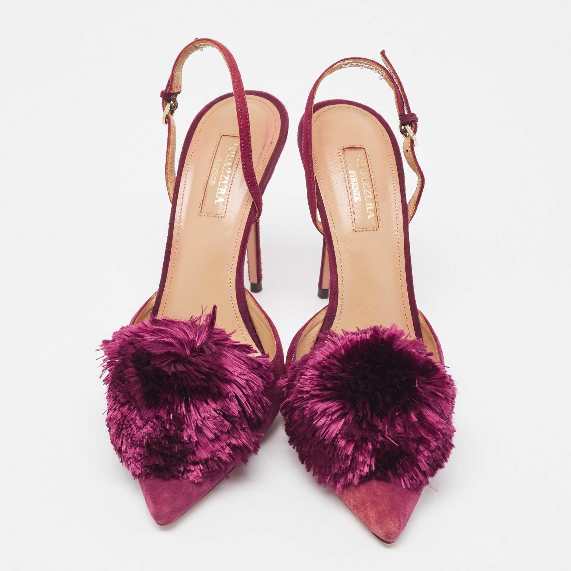 Brown Aquazzura Plum Suede Powder Puff Slingback Pumps Size 39.5