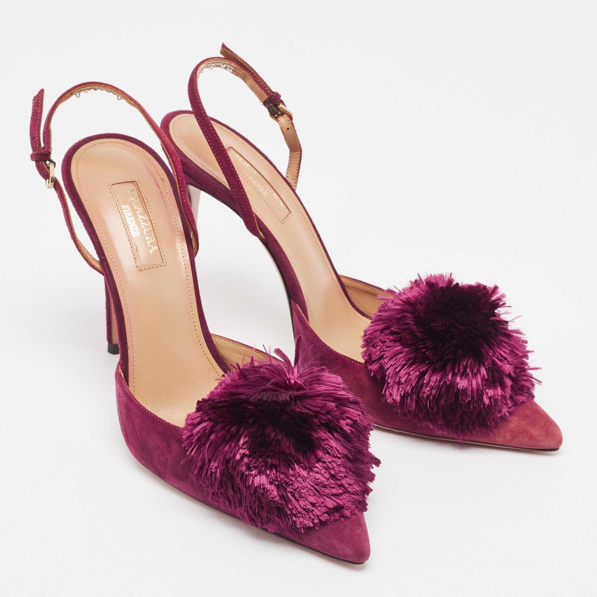 Aquazzura Plum Suede Powder Puff Slingback Pumps Size 39.5 In Excellent Condition In Dubai, Al Qouz 2