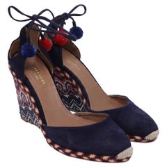 Aquazzura Pom-Pom Embellishments Espadrille Wedge in Blue Suede