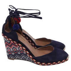 Aquazzura Pom-Pom Embellishments Espadrille Wedge in Blue Suede