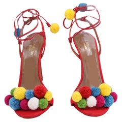 Aquazzura Pom Pom Lace up Sandals in Red Raffia
