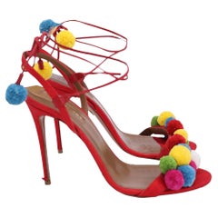 Aquazzura Pom Pom Lace up Sandals in Red Raffia