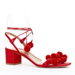 AQUAZZURA Pom Pom red raffia applique ankle tie mid heels EU38
