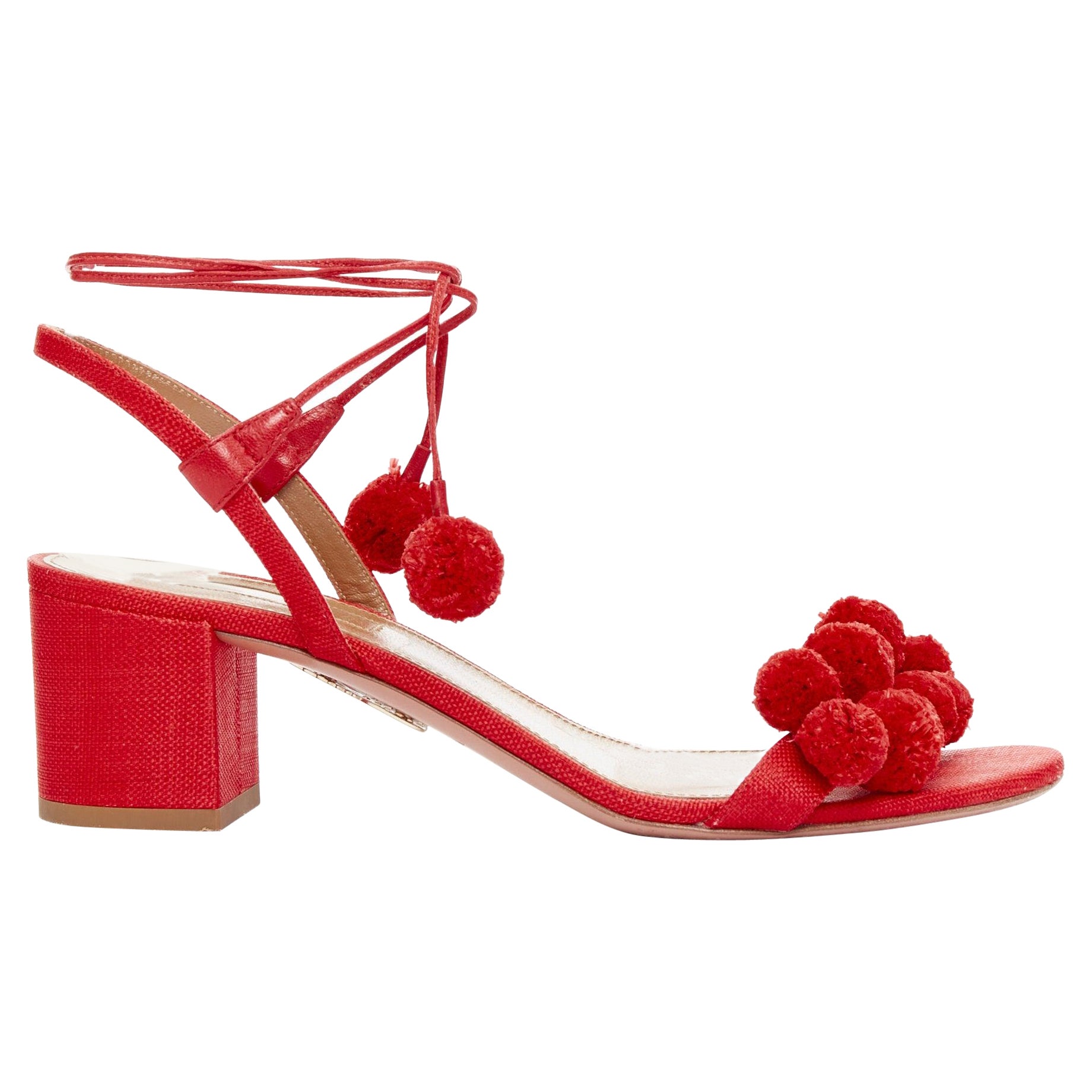 AQUAZZURA Pom Pom red raffia applique ankle tie mid heels EU38