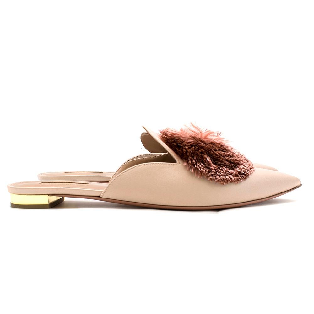 Aquazzura Powder Puff Pompom Flats

- powder pink mule flats
- pink puff pompom embellishment to the front 
- sli p on
- golden tone 1cm block heel
- leather insole and sole

Please note, these items are pre-owned and may show some signs of storage,
