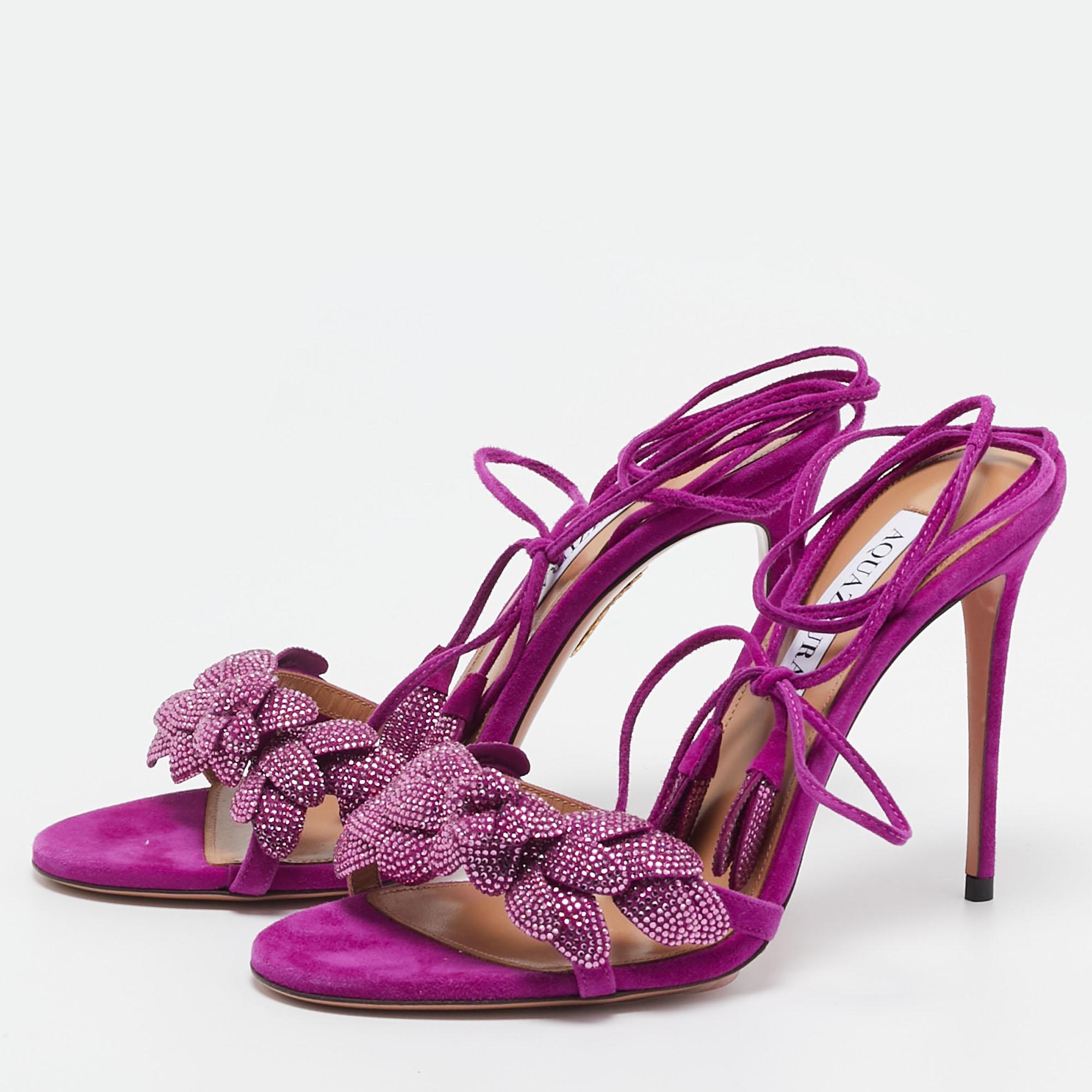 Aquazzura Purple Suede Monaco Embellished Ankle Wrap Sandals Size 38.5 In New Condition In Dubai, Al Qouz 2