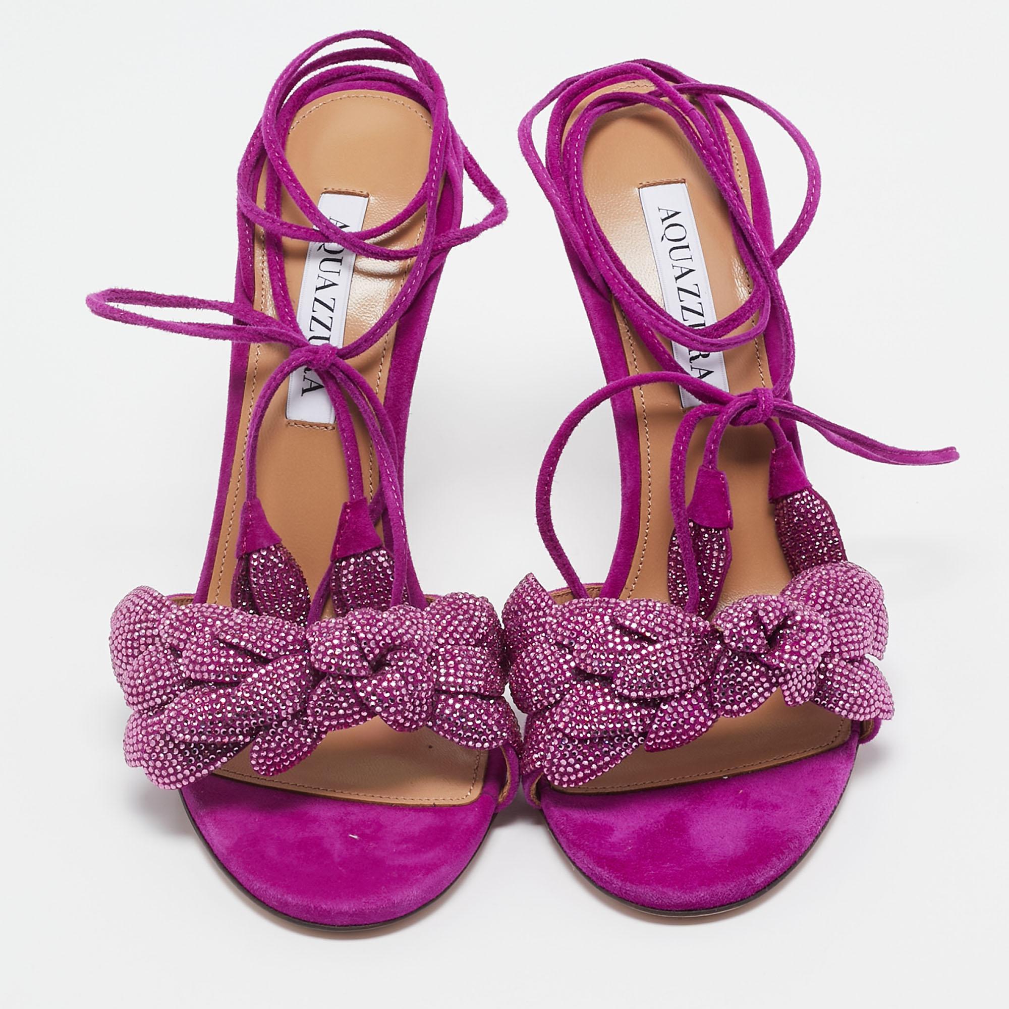 Aquazzura Purple Suede Monaco Embellished Ankle Wrap Sandals Size 38.5 4