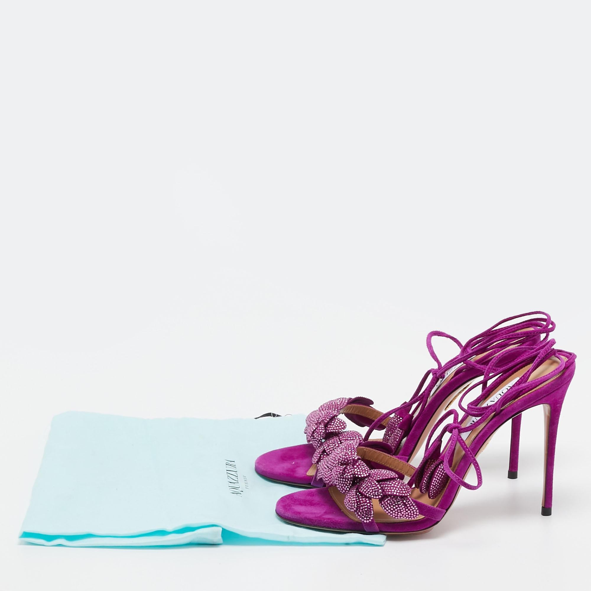 Aquazzura Purple Suede Monaco Embellished Ankle Wrap Sandals Size 38.5 5