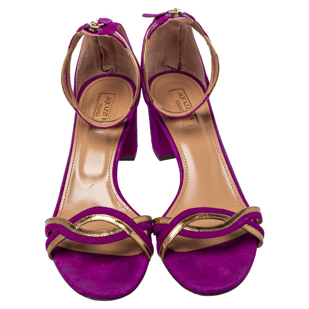 Aquazzura Purple Suede Moon Ray Block Heel Ankle Strap Sandals Size 40 In Good Condition In Dubai, Al Qouz 2