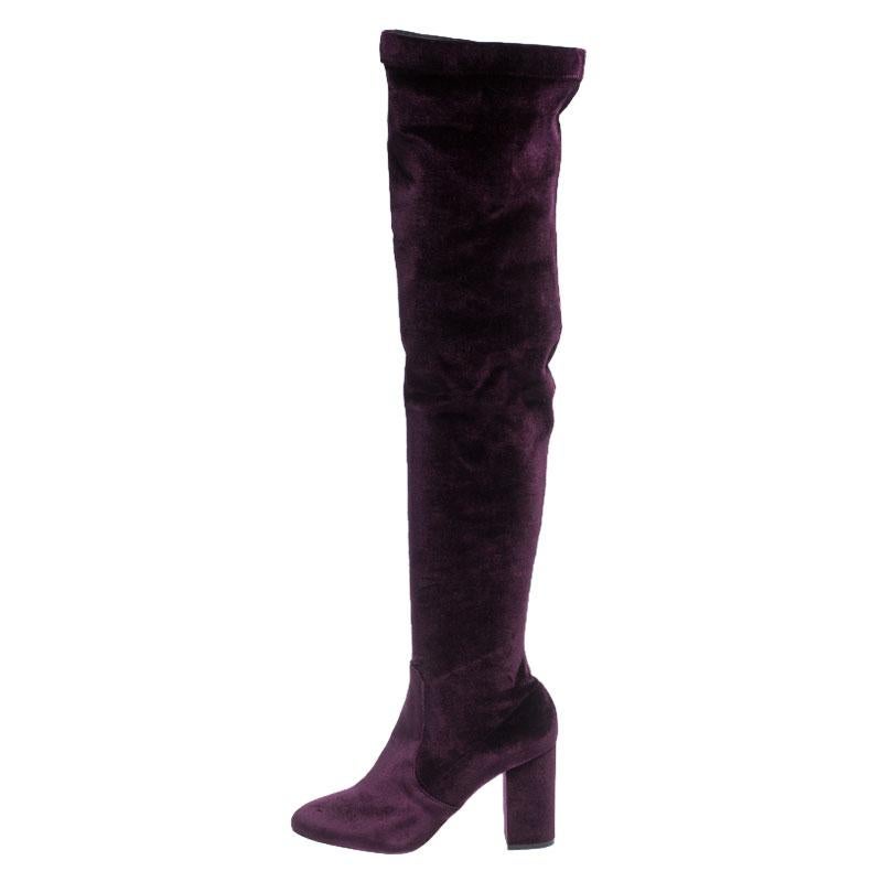 Aquazzura Purple Velvet So Me Knee High Boots Size 38.5 In Excellent Condition In Dubai, Al Qouz 2