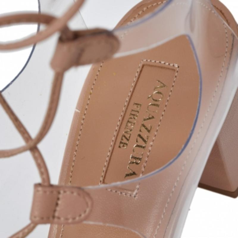 Aquazzura PVC And Beige Leather Milos Ankle Wrap Sandals Size 40 In Good Condition For Sale In Dubai, Al Qouz 2