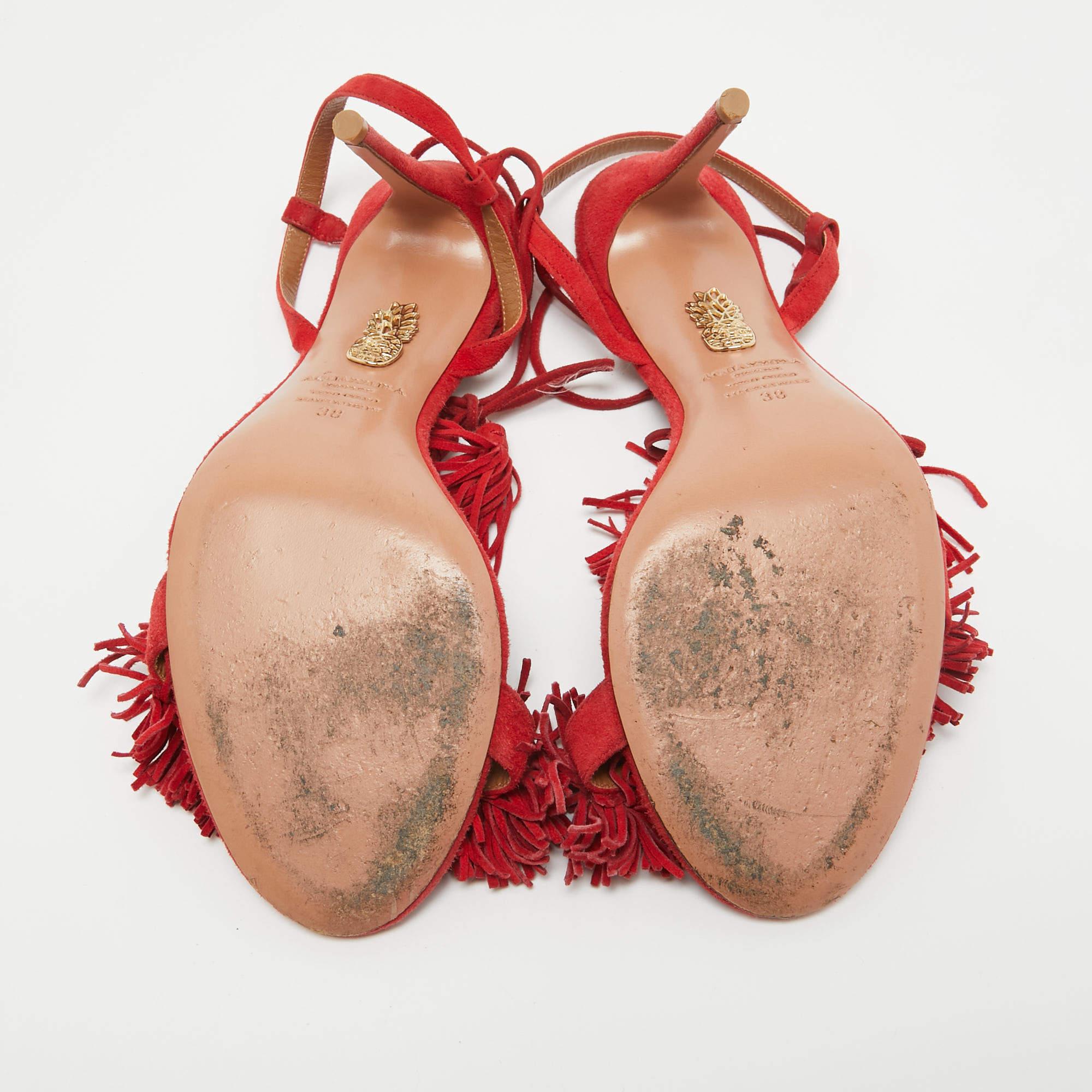 Aquazzura Sandalias anudadas al tobillo de ante rojo con flecos Wild Thing talla 38 1