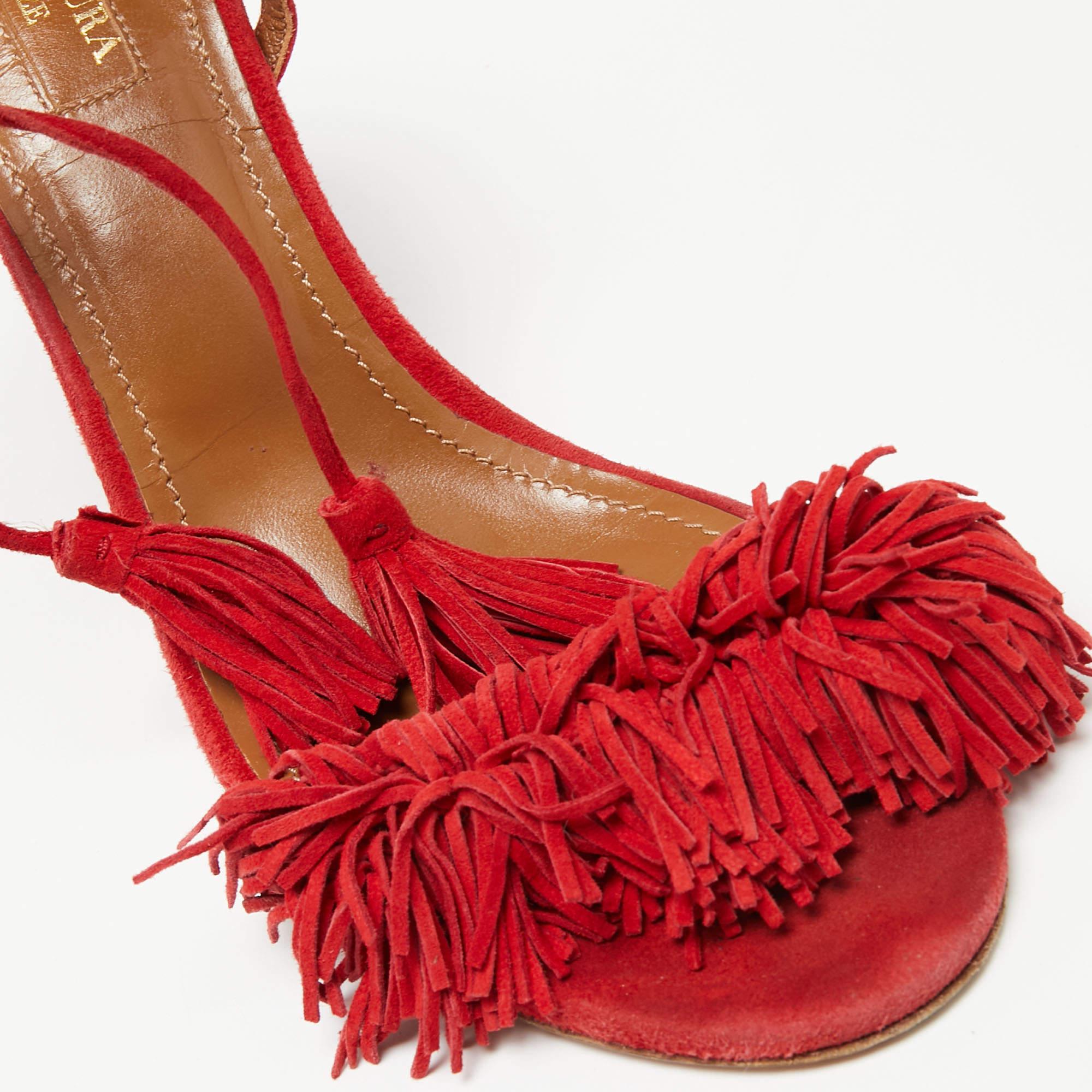 Aquazzura Sandalias anudadas al tobillo de ante rojo con flecos Wild Thing talla 38 2