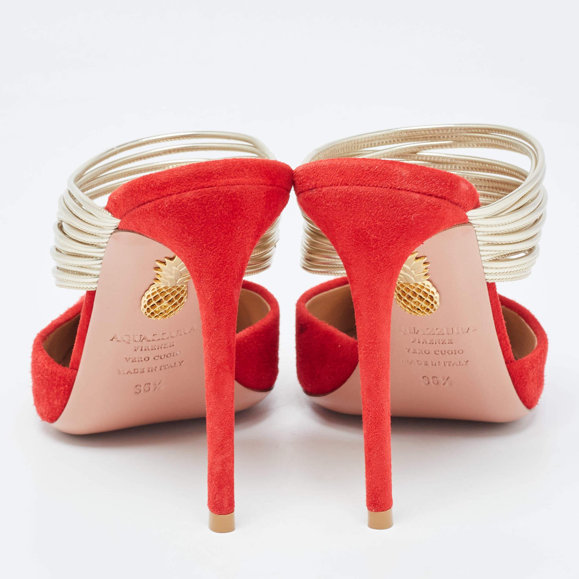 Aquazzura Red/Gold Suede and Leather Rendez Vous Slides Size 36.5 For Sale 3