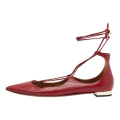 Aquazzura Red Leather Christy Ankle Tie Ballet Flats Size 40