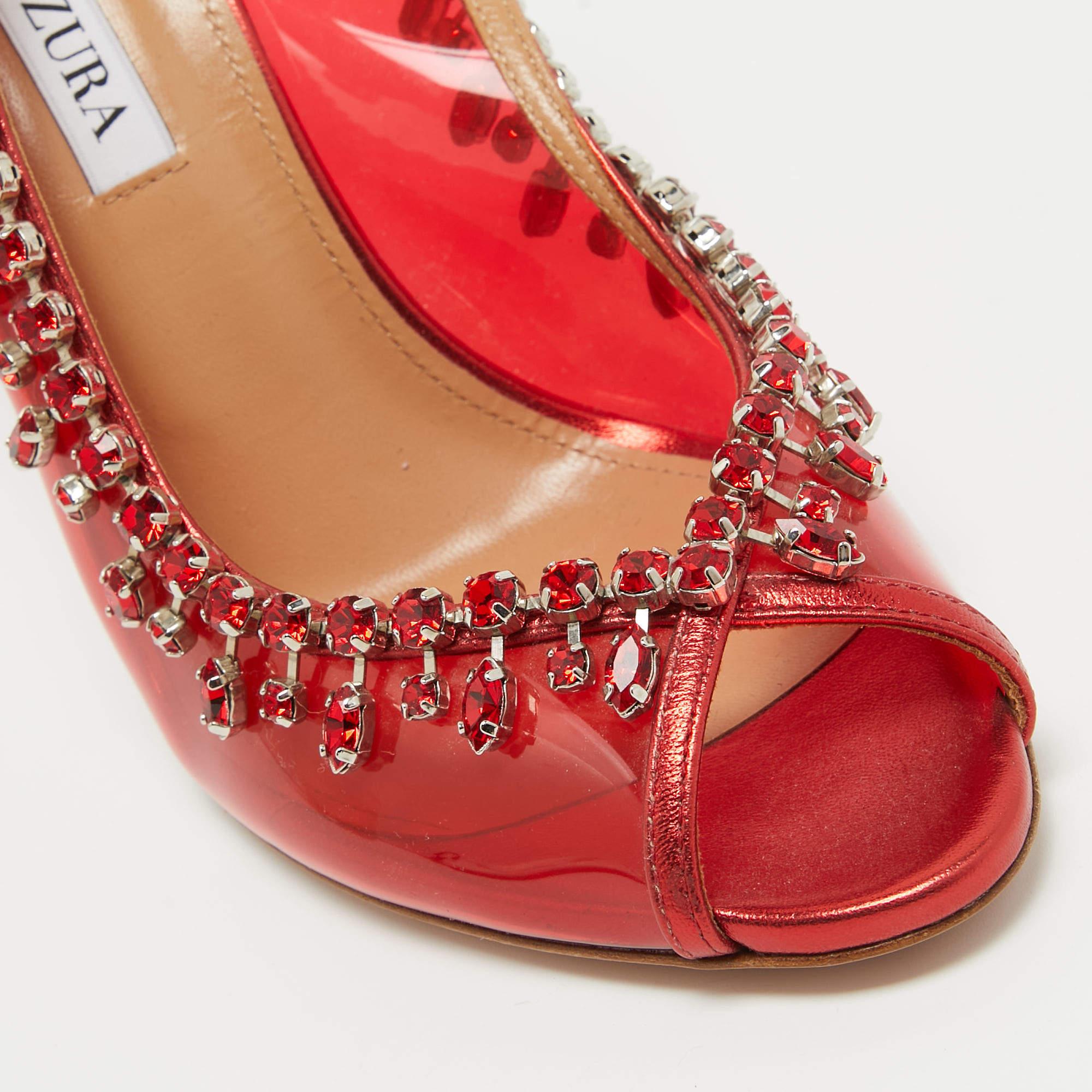 Women's Aquazzura Red PVC Crystal Embellished Temptation Slingback Pumps Size 38