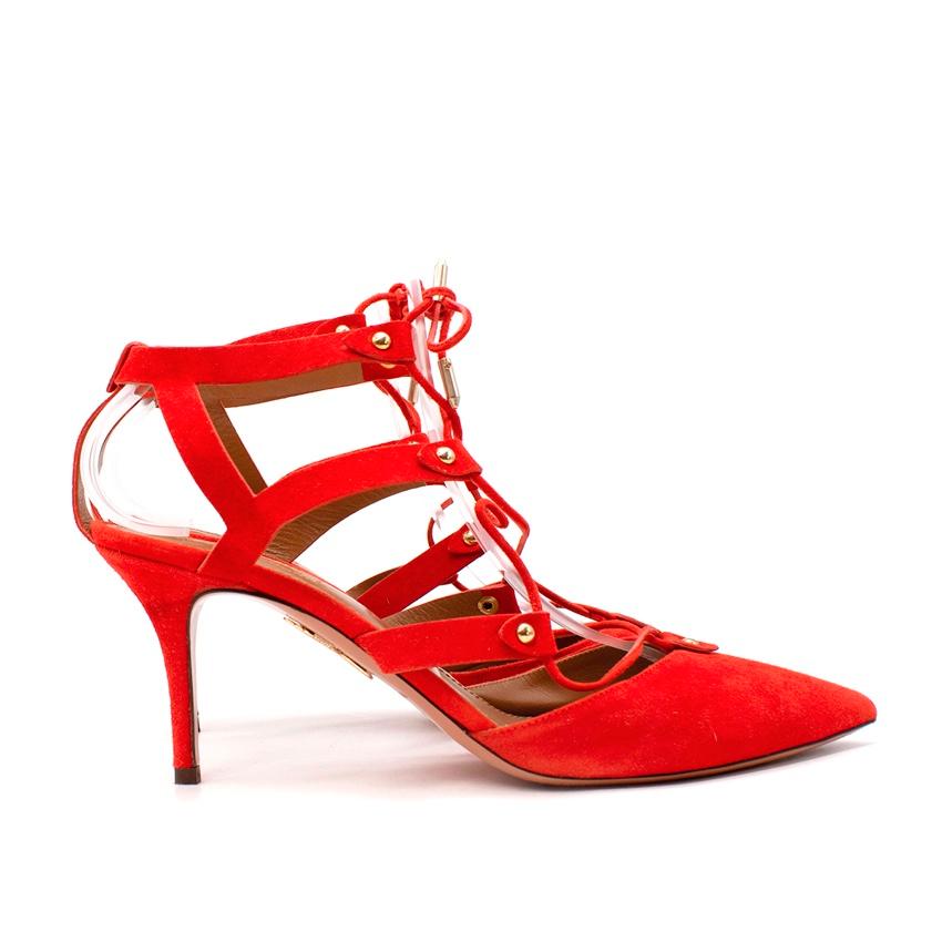 Aquazzura Red Suede Lace-Front Kitten Heeled Pumps
 

 _Rich, rest red hued suede
 - Point toe, lace-up style front
 - Set on a mid-height kitten heel
 

 Materials 
 100% Suede 
 100% Leather 
 

 Made in Italy 
 

 PLEASE NOTE, THESE ITEMS ARE