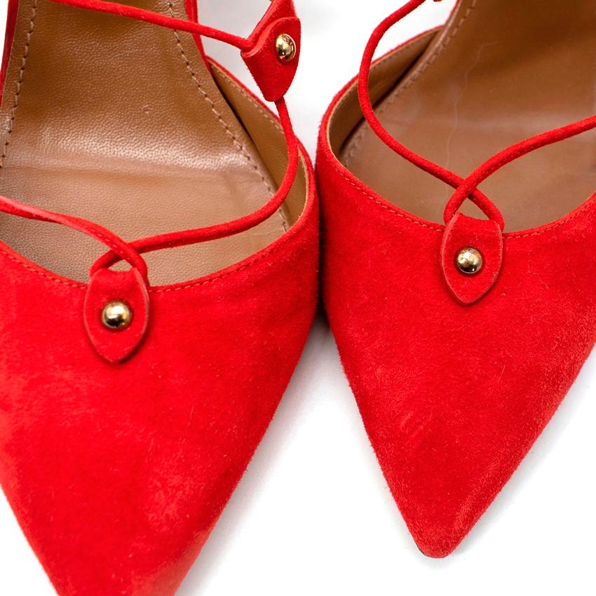 Aquazzura Red Suede Lace-Front Kitten Heeled Pumps In Excellent Condition For Sale In London, GB