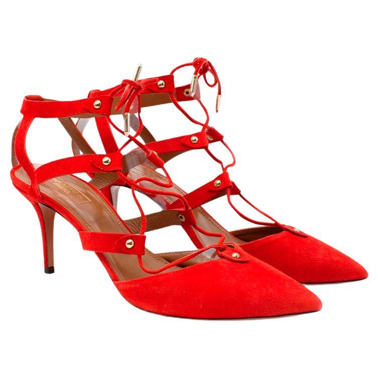 Aquazzura Red Suede Lace-Front Kitten Heeled Pumps For Sale
