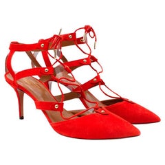 Aquazzura Red Suede Lace-Front Kitten Heeled Pumps