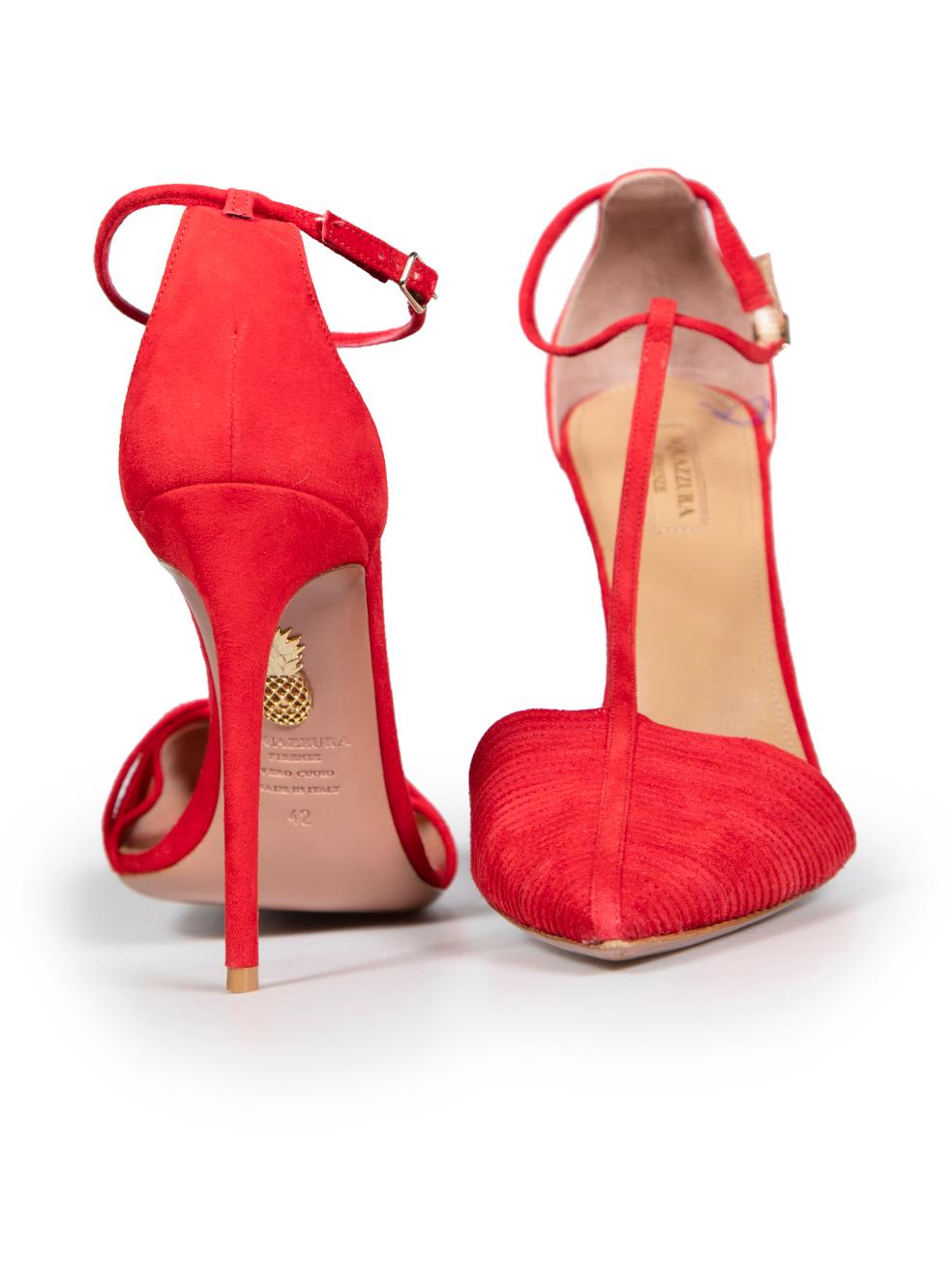 Aquazzura Red Suede T-Strap Heels Size IT 42 In Good Condition For Sale In London, GB