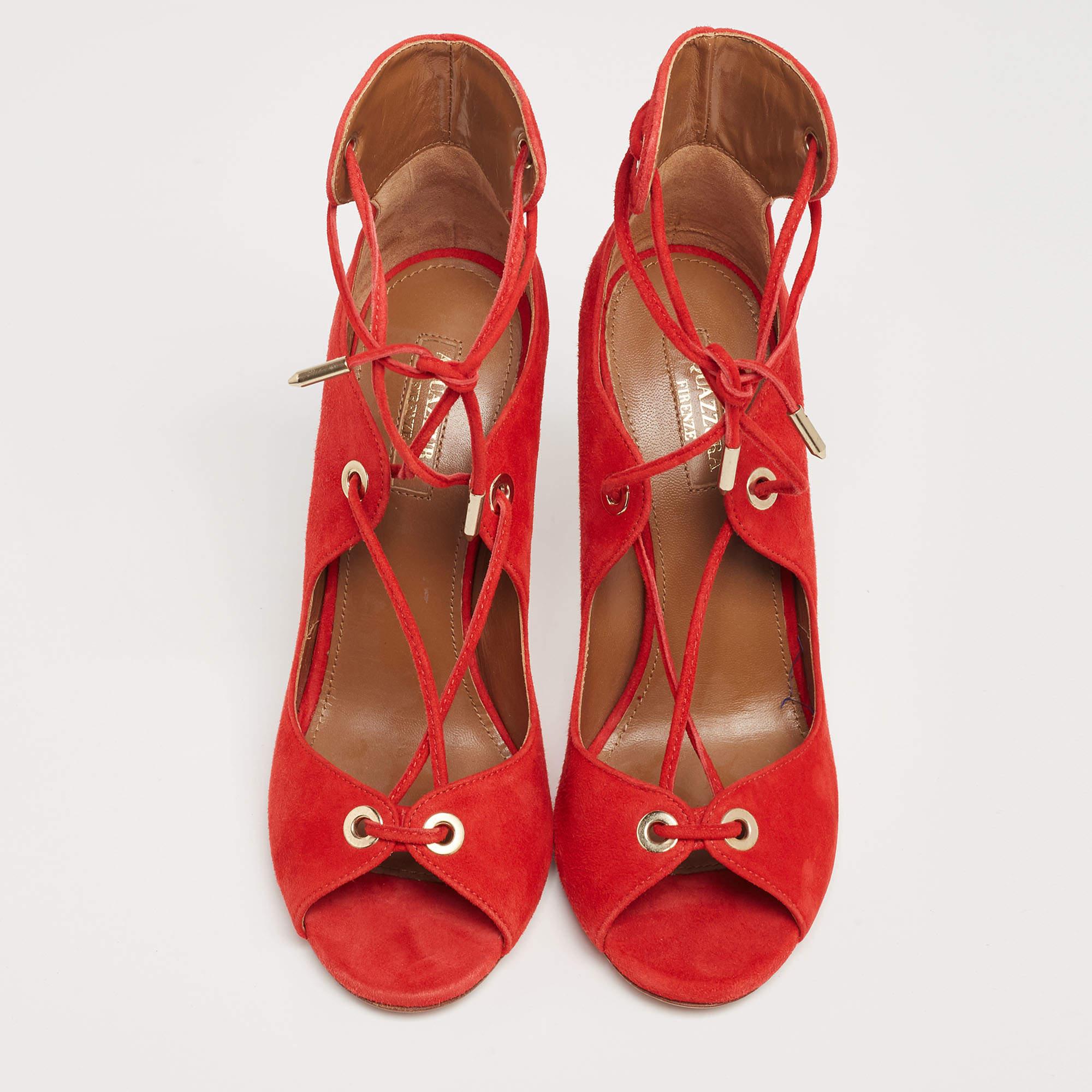 Aquazzura Red Suede Tango Curvy Lace-Up Sandals Size 37 In Fair Condition In Dubai, Al Qouz 2