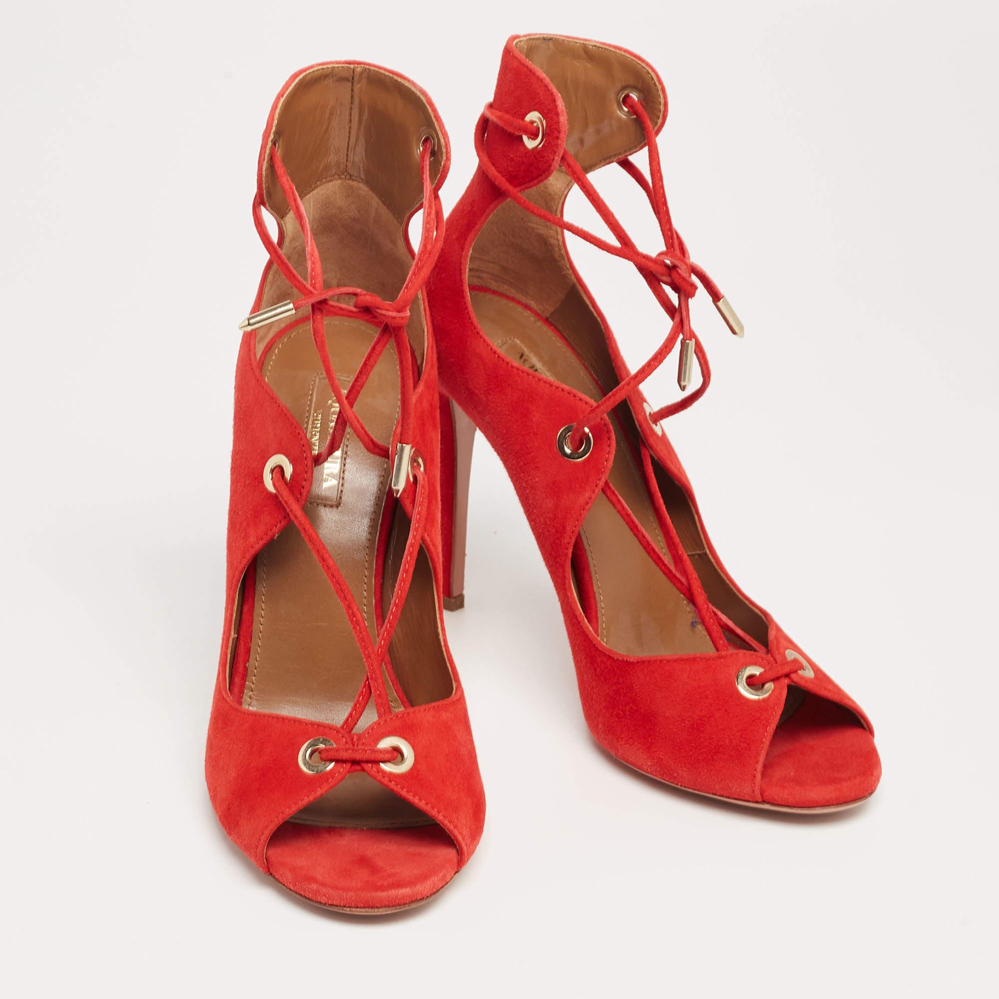 Women's Aquazzura Red Suede Tango Curvy Lace-Up Sandals Size 37