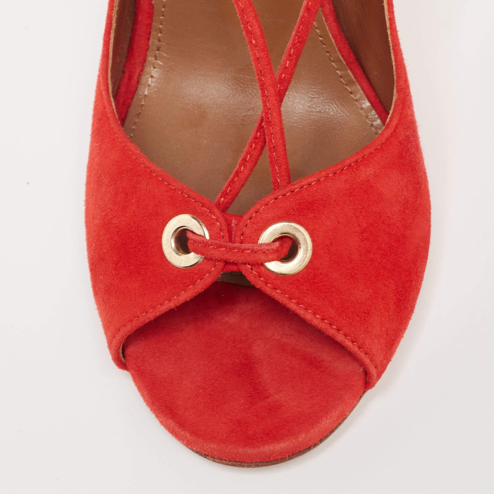 Aquazzura Red Suede Tango Curvy Lace-Up Sandals Size 37 3