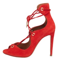 Aquazzura Red Suede Tango Curvy Lace-Up Sandals Size 37