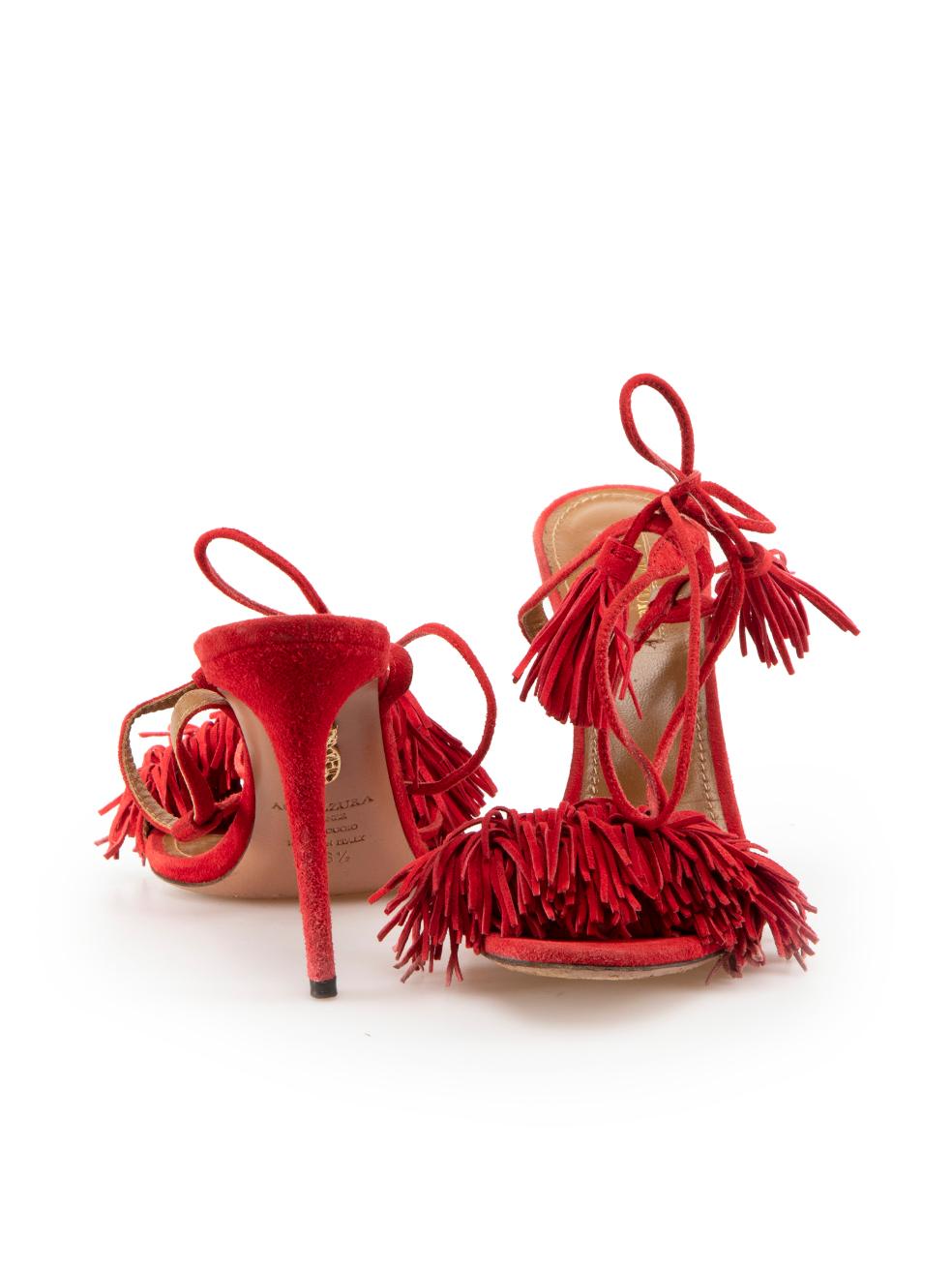 Aquazzura Red Suede Tassel Tie Heeled Sandals Size IT 36.5 In Excellent Condition For Sale In London, GB