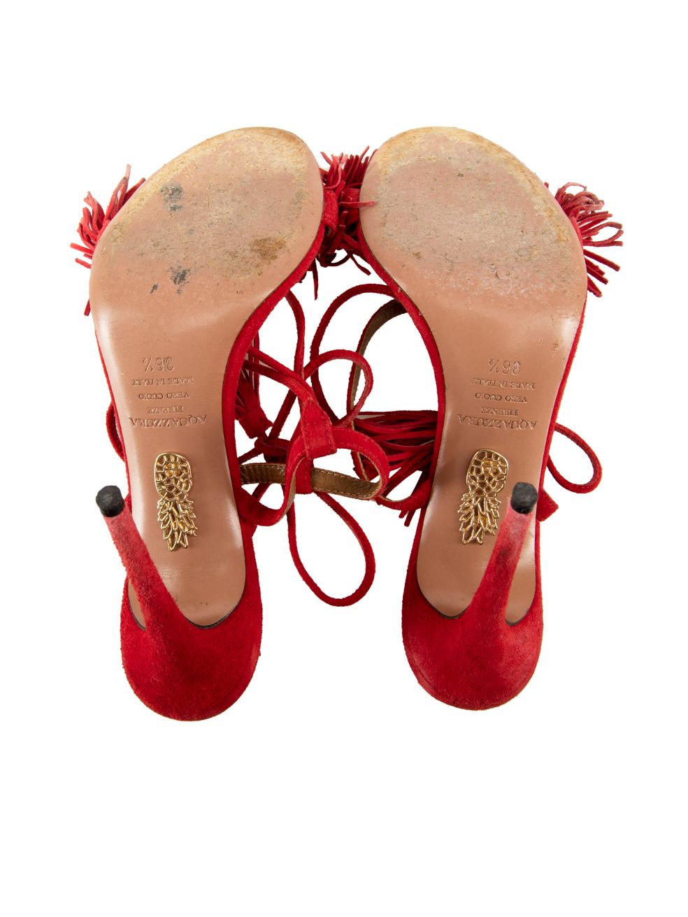 Women's Aquazzura Red Suede Tassel Tie Heeled Sandals Size IT 36.5 For Sale