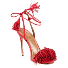 Aquazzura Red Suede Tassel Tie Heeled Sandals Size IT 36.5