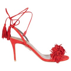 AQUAZZURA red suede WILD THING Fringe Sandals Shoes 37.5