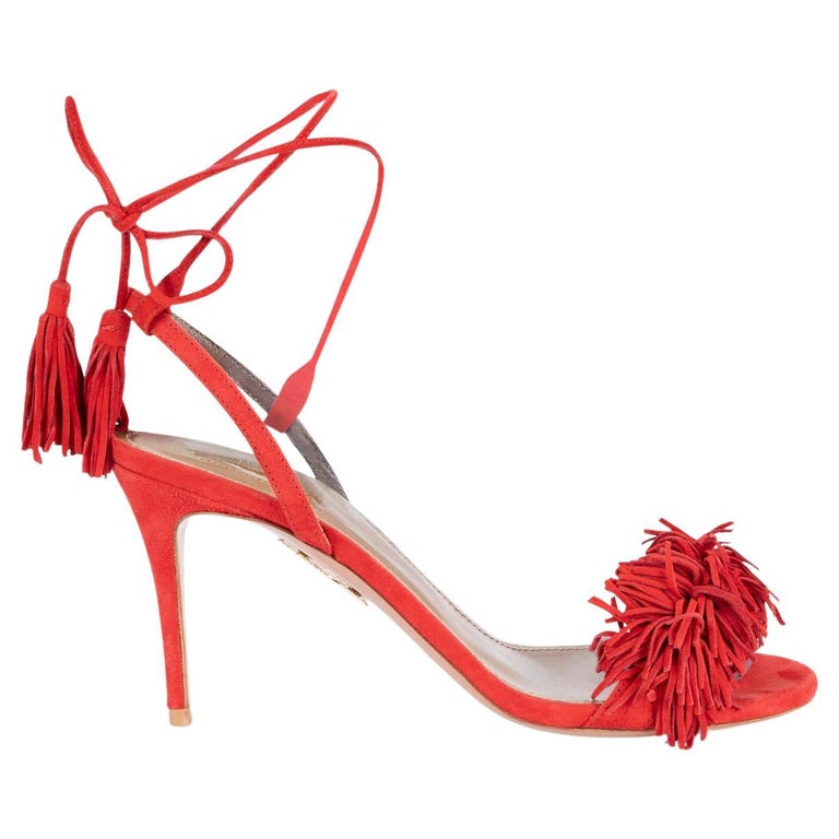 AQUAZZURA red suede WILD THING Fringe Sandals Shoes 37.5 For Sale at 1stDibs