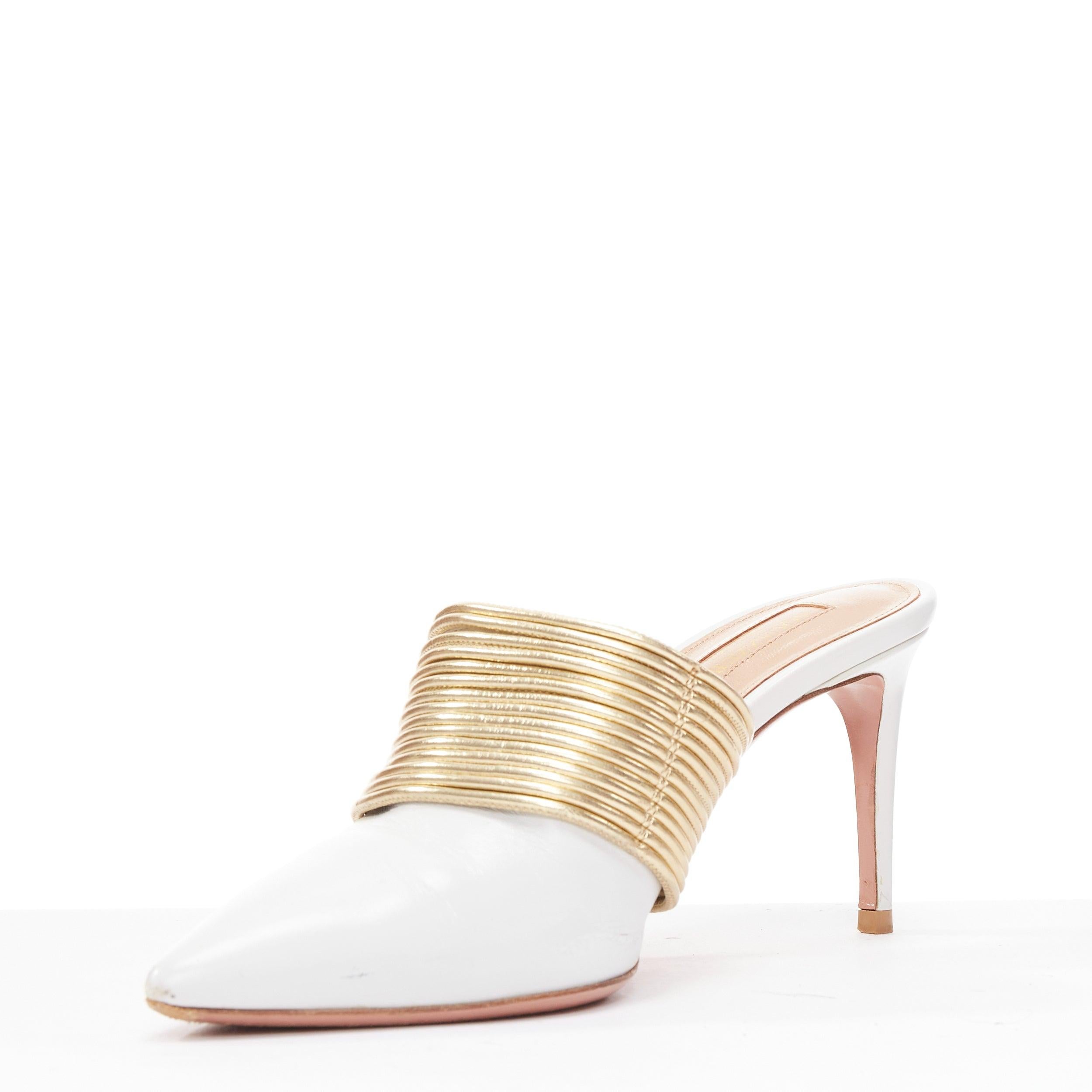 AQUAZZURA Rendez Vous 75 white leather gold coil mule pumps EU36 In Fair Condition For Sale In Hong Kong, NT